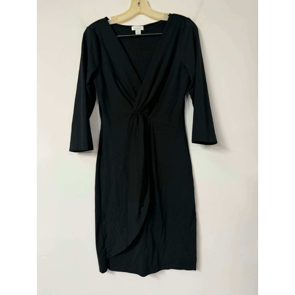 Sundance M Black LBD Sheath Dress Twist Front V-Neck 3/4 Sleeve Cotton Modal